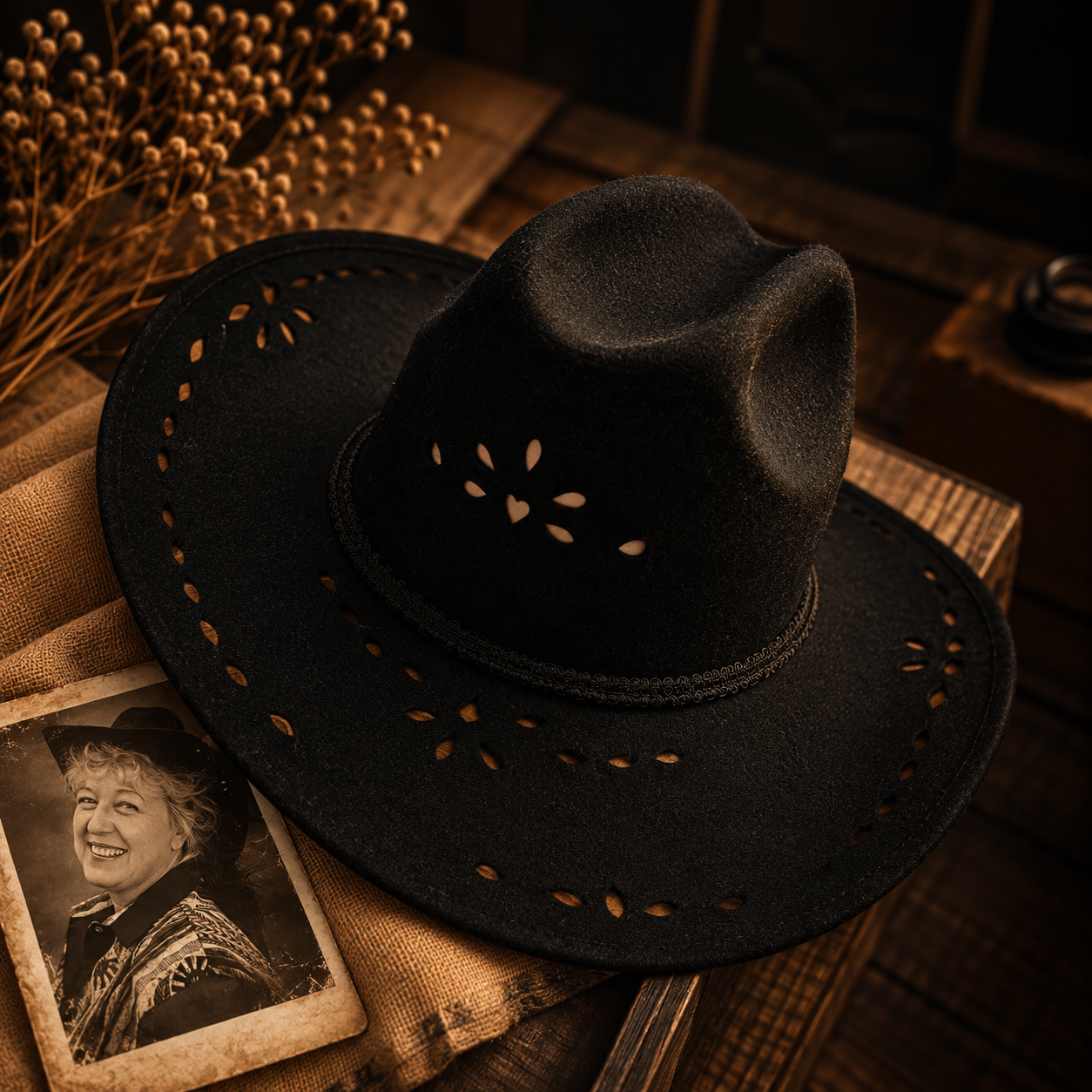 The original inherited black cowboy hat from Las Vegas, shown with a photograph of the founder's grandmother
